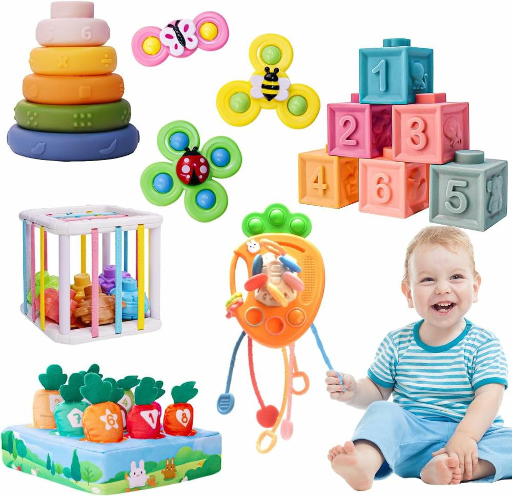 Jouets de tri et d’empilage  | Jouets pour bébés de 6 à 12 mois – Jouets Montessori pour 1 an – Ensemble de jouets pour nourrissons 6-en-1 avec jouets sensoriels – Jouets à spinner pour bébés – Blocs de construction pour bébés – Jouets d’empilage – Jouets éducatifs – Cadeaux pour tout-petits et nouveau-nés – 32 pièces