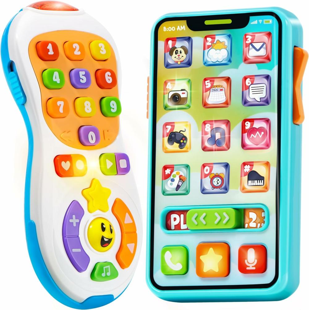 Jouets musicaux  | Téléphone Jouet Amélioré et Ensemble de Télécommande 90+ Musiques et Phrases d’Apprentissage Jouets pour Bébés 6-12 Mois Cadeaux d’Anniversaire pour Enfants de 1, 2, 3+ Ans Jouets pour Filles et Garçons Cadeaux de Noël à Glisser dans les Chaussettes