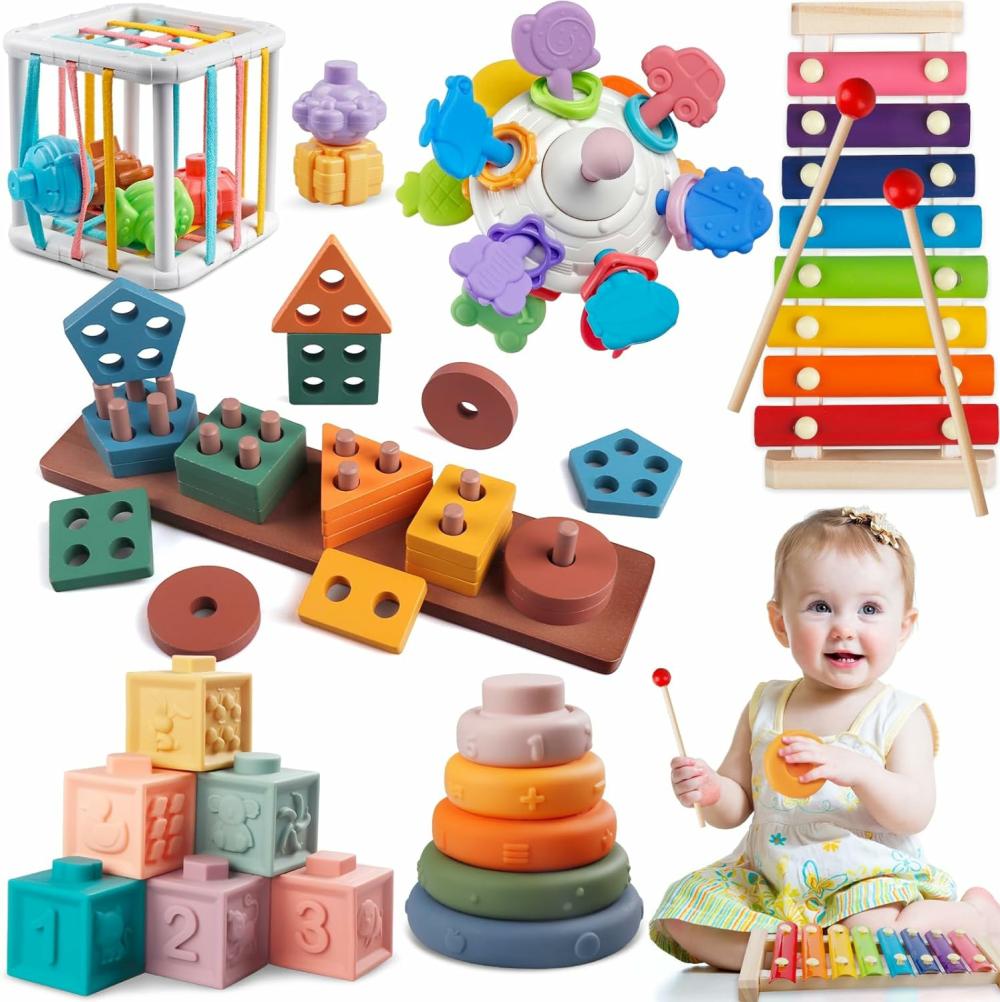 Jouets de tri et d’empilage  | Jouets Montessori 6 en 1 pour bébés de 1 an et plus – Jouets sensoriels de dentition pour bébés de 6 à 12 mois – Blocs de construction empilables en bois – Classificateur de formes – Xylophone musical – Cadeau d’anniversaire pour tout-petits de 1, 2 et 3 ans.