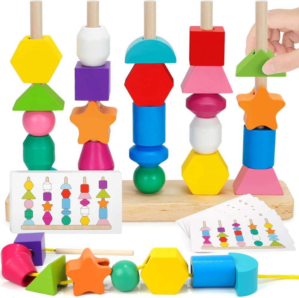 Jouets de tri et d’empilage  | Jouets Montessori pour enfants de 2 à 5 ans – Jouet de séquençage avec perles en bois, perles à enfiler, blocs empilables et jouet empilable de formes – Jouet éducatif pour la maternelle, cadeau d’anniversaire pour garçons et filles.